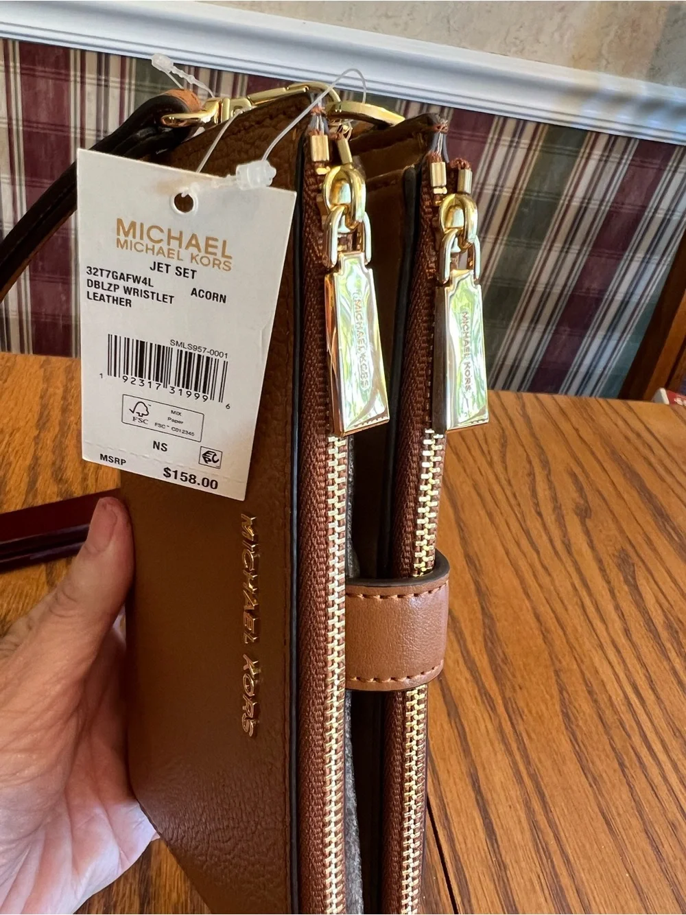 NWT Michael Kors Leather Double Zip Leather Wallet /Wristlet Color Acorn - Picture 7 of 9